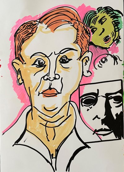 An orange-haired face in the foreground with smaller green and black-outlined faces behind it, accented in pink.