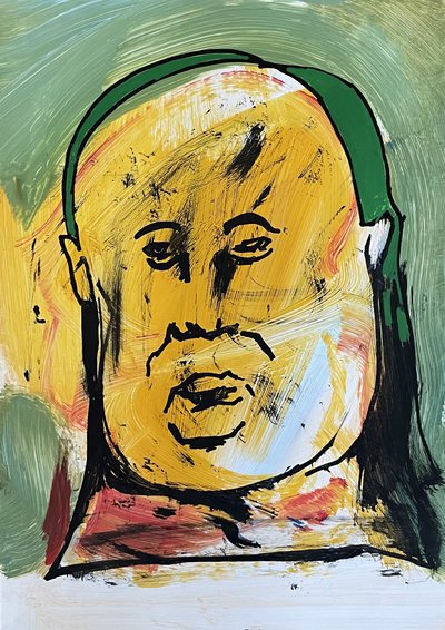 A broad yellow face outlined in black, with layered white marks against a green background.