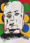 A pale rectangular face outlined in black, framed by yellow, green, red and blue rounded shapes.