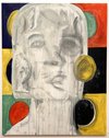 An elongated pale face with overlapping features, surrounded by red, yellow, green and black shapes.
