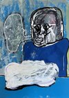 A dark outlined head above a blue torso and a broad white shape, against a textured blue background.