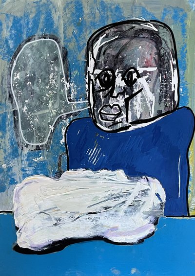 A dark outlined head above a blue torso and a broad white shape, against a textured blue background.